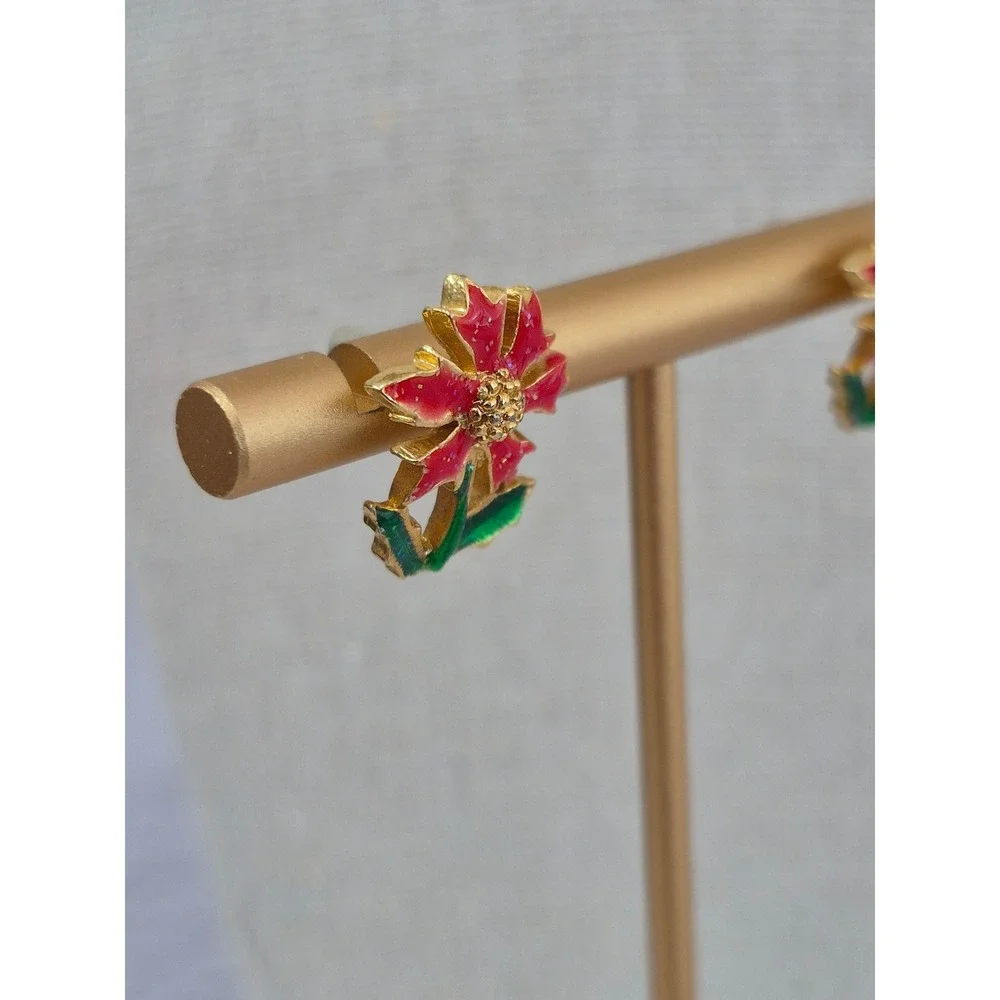 Vintage Style Red Enamel Flower Stud Earrings Gold Tone Floral Botanical